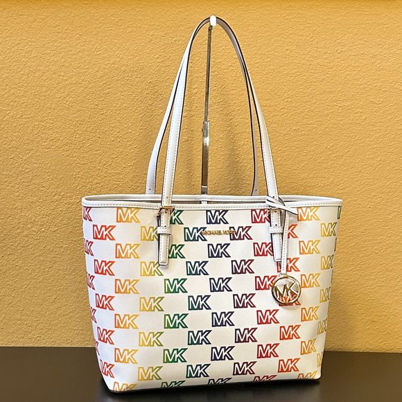 Michael Kors Jet Set Travel Medium Carryall Shoulder Tote Bag MK Rainbow White - Picture 3 of 13